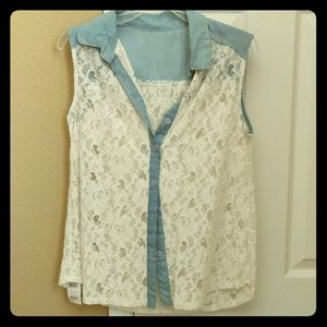 Chambray and lace sleeveless button down shirt